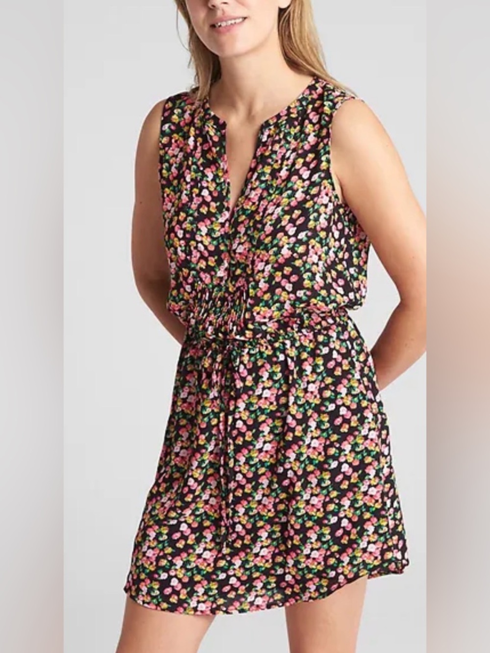 GAP perfect Sleeveless Splitneck Mini Dress Pink Black tie waist  Ditsy Floral